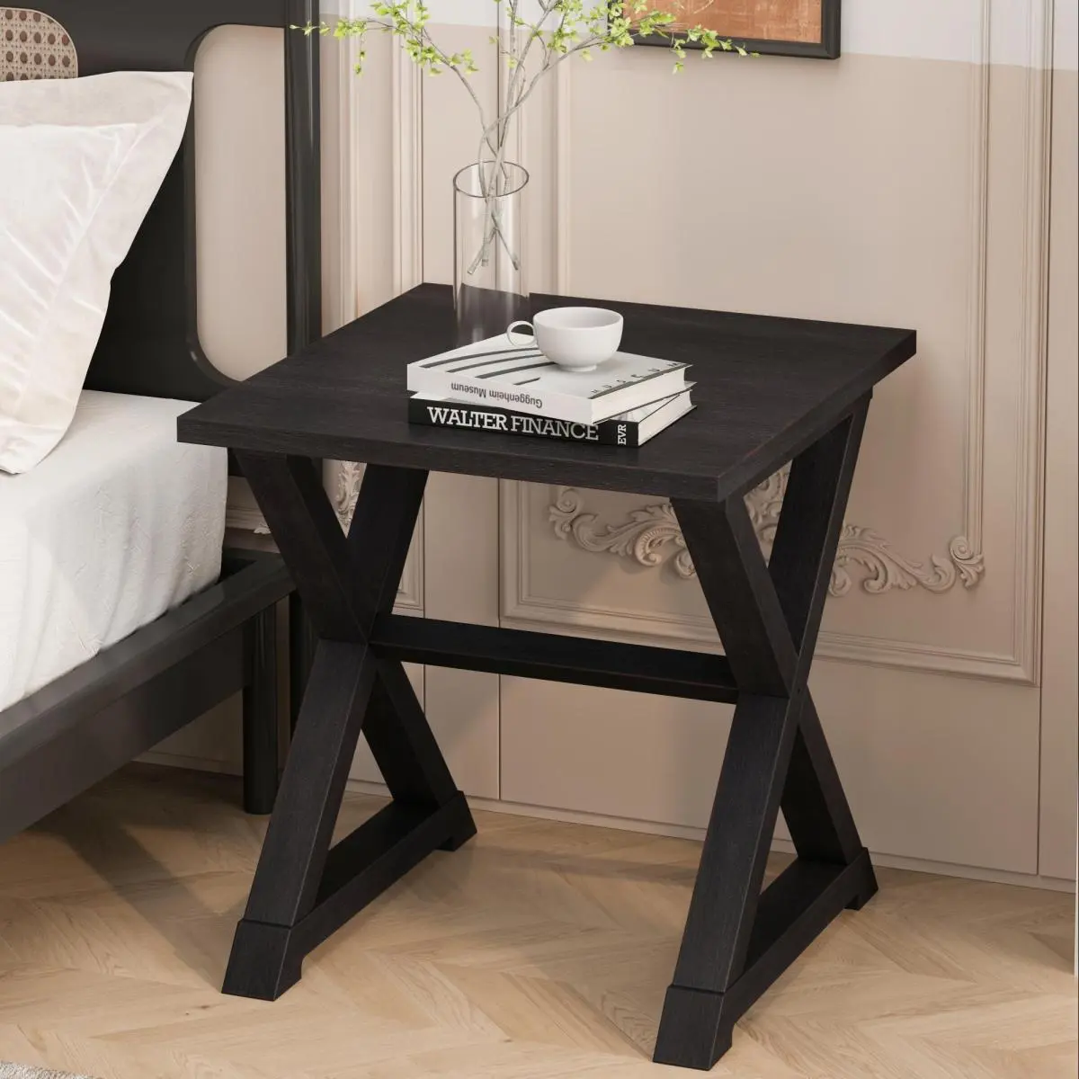 Modern Black Veneer Square Side Table with Storage Door, 22x23.5 Inches, Side Table Decor, Space Saving Furniture with Compact Design (Nightstand Alternative)