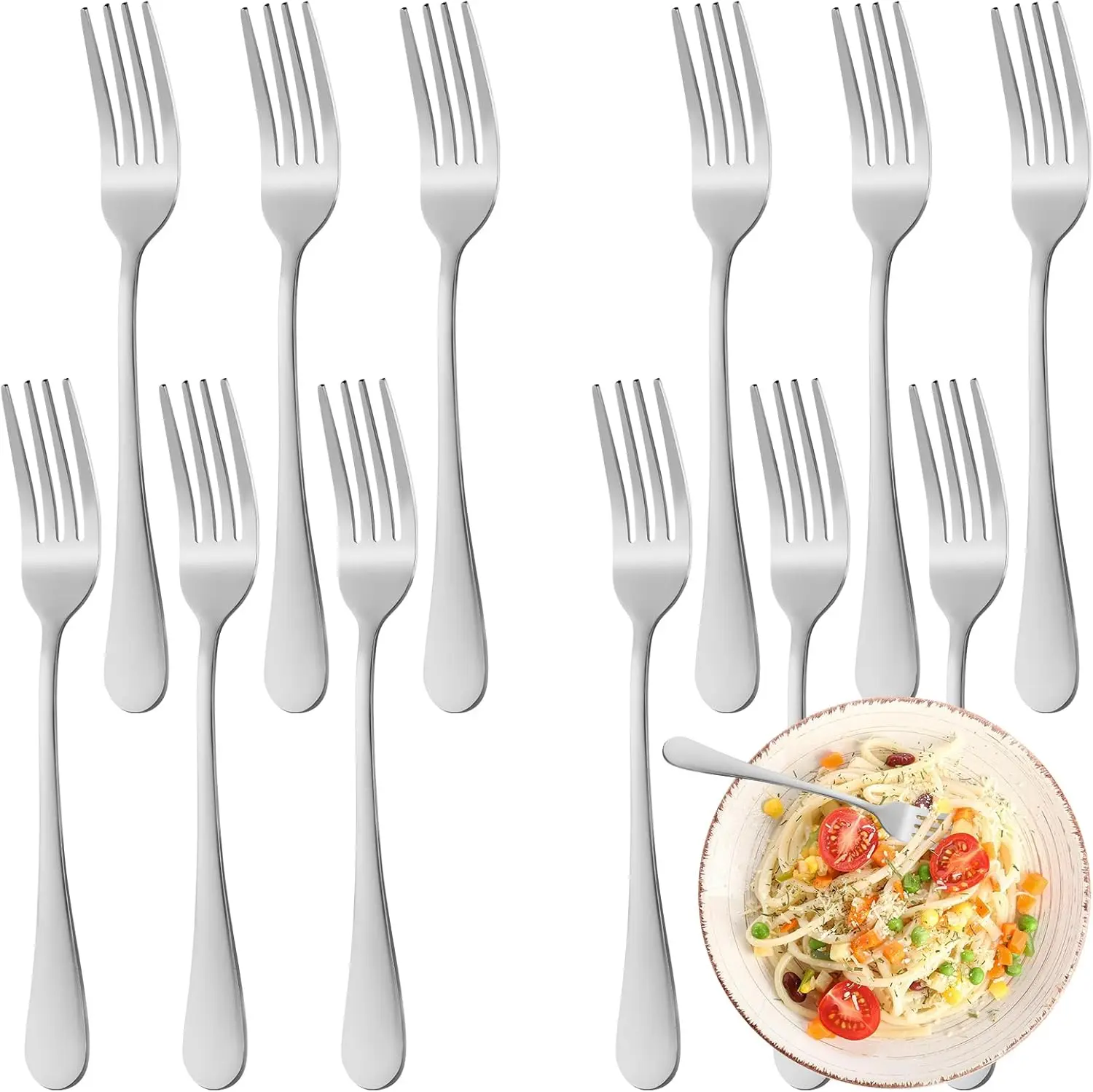 12 Piece Dinner Forks Set, Food-Grade Stainless Steel Forks Silverware, Cutlery Fork, Salad Fork, Metal Forks for Home, Kitchen or Restaurant, Mirror Polished, Dishwasher Safe - 7.3 Inch
