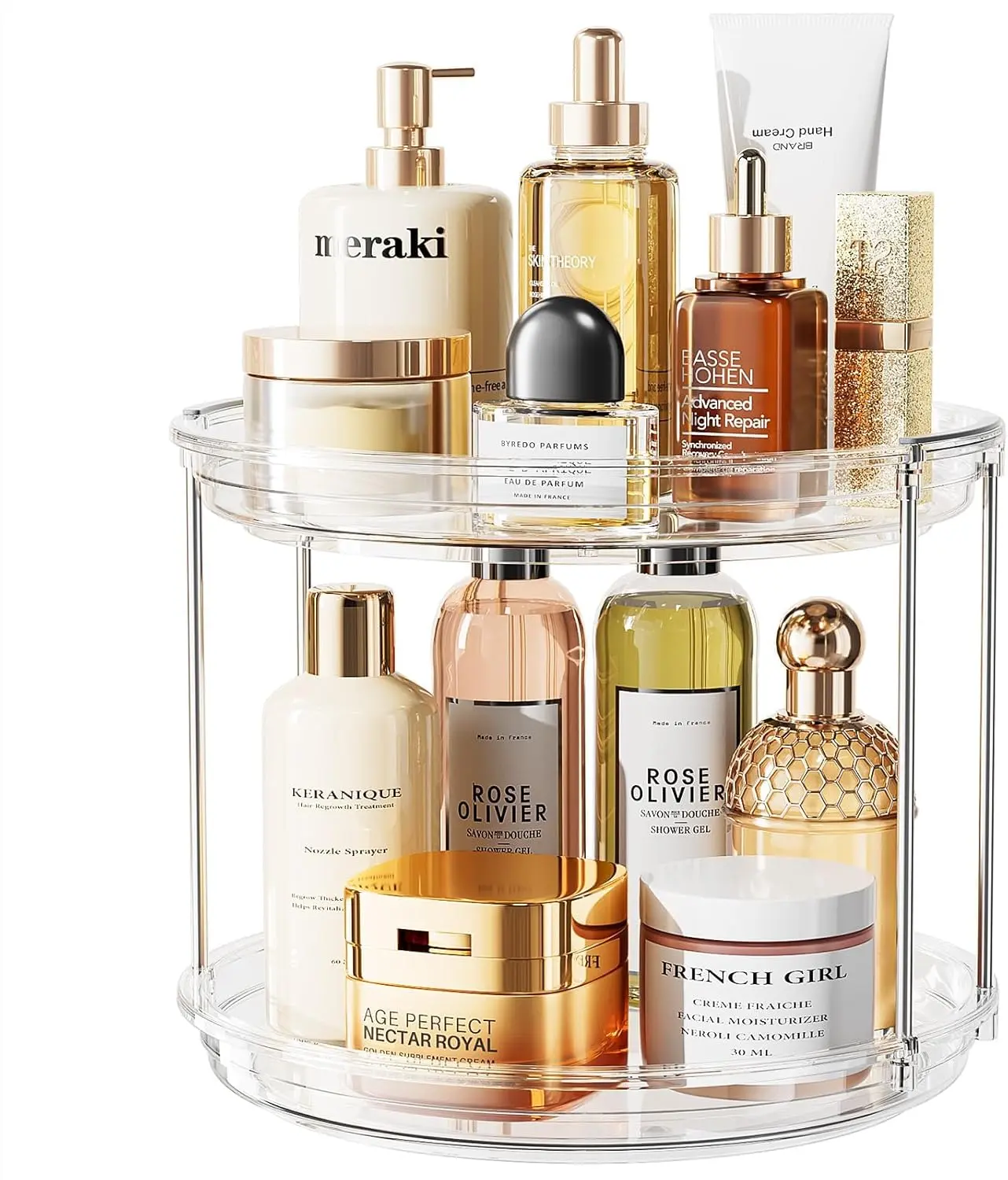 Rotating Triple-Tier Spice Rack，10.6in Lazy Susan Turntable, Spinning Cosmetic & Skincare Storage Organizer, Rotating Triple-Tier Rack Style Countertop Organizer for Bathroom, Perfume Tray Display, Large Capacity Clear Makeup Holder, Mother's Day Gift