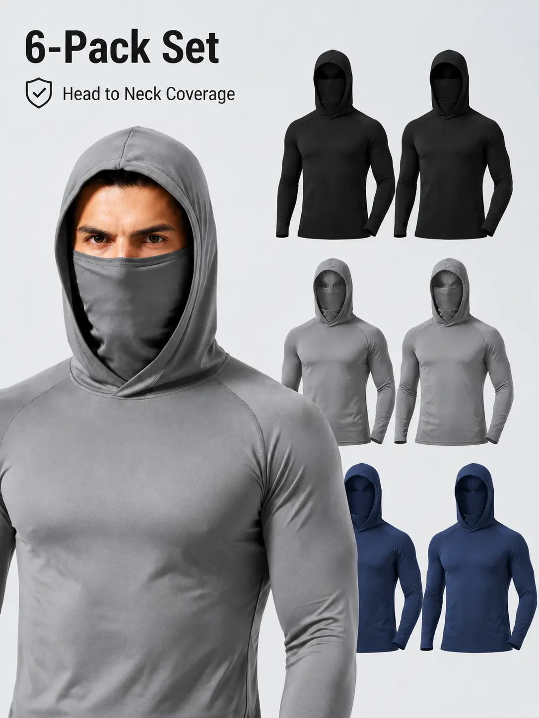 Unisex Polyester Hooded Compression Shirts with Face Cover, 3/6 Pack Quick-Dry Stretch Long-Sleeve Athletic Tops, Lightweight Breathable Outdoor Sports Wear for Hiking, Fishing, Men & Women