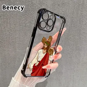 Four Corner Anti-Fall Jesus Christ Carrying the Cross Pattern Phone Case for iPhone 16 Pro Max 15 Plus 14 13 12 11 E Shockproof Transparent Electroplated Protective Cover