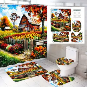 4pcs Cozy Autumn Farmhouse Bathroom Set, Decorative Shower Curtain with Rustic Barn,The floor mat fabric is thicker and softer!  Sunflowers, Pumpkins, Bath Mats & Toilet Seat Cover