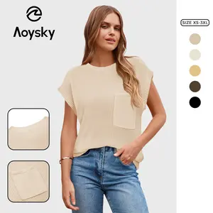 Aoysky Summer Fall Short Sleeve Sweater for Women 2026 Crew Neck Ribbed Knit Vests Trendy Pullover Tops