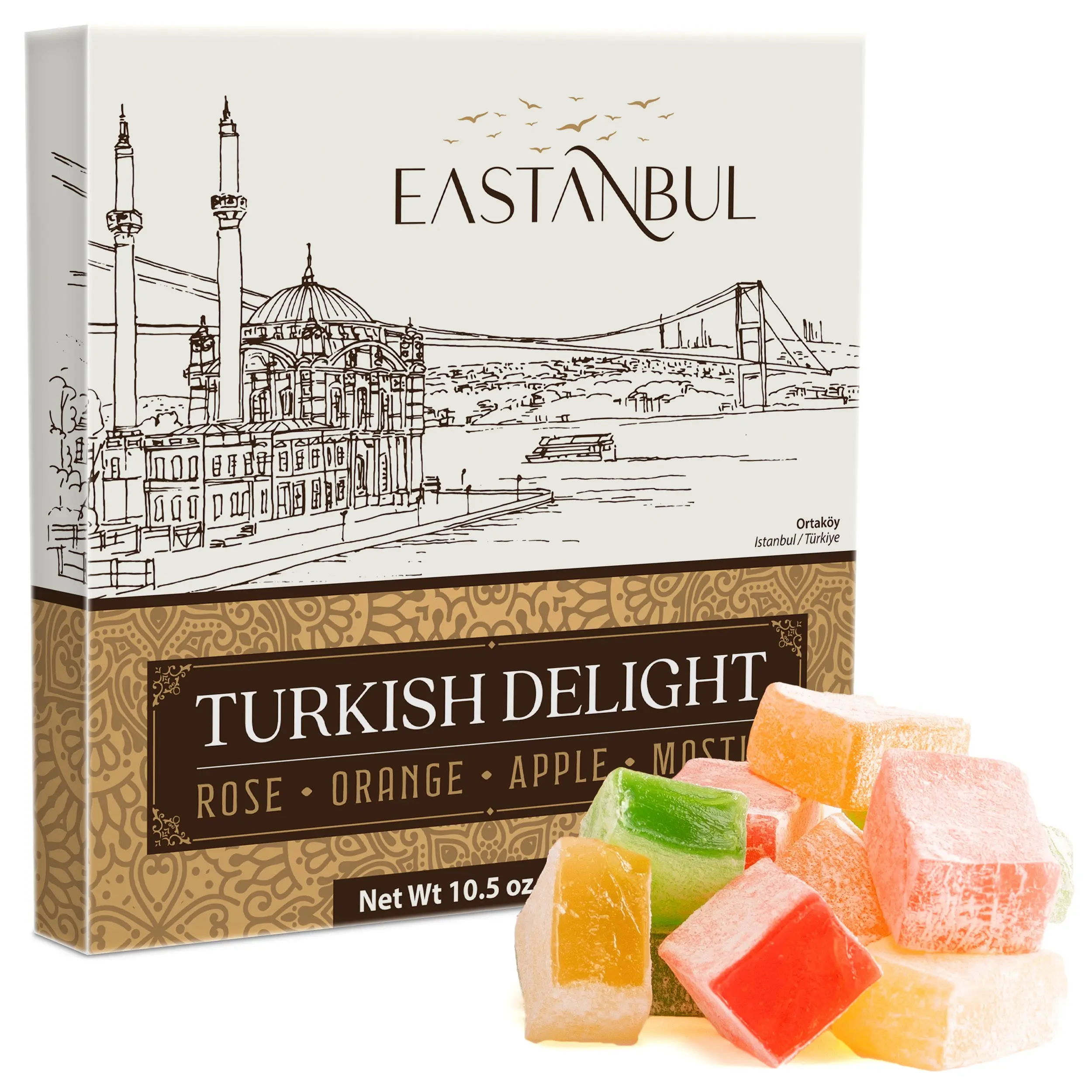 Eastanbul Turkish Delight Assorted Mediterranean Flavors (Rose, Orange, Apple, Pomegranate, Mastic), 10.5oz Lokum Candy, Nut-Free Vegan Gluten-Free Dessert Gift Box
