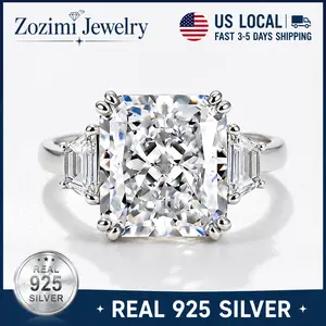 S925 Sterling Silver 12CT Radiant Cut Engagement Ring for Women, Luxury 5A Cubic Zirconia Three Stone Wedding Ring