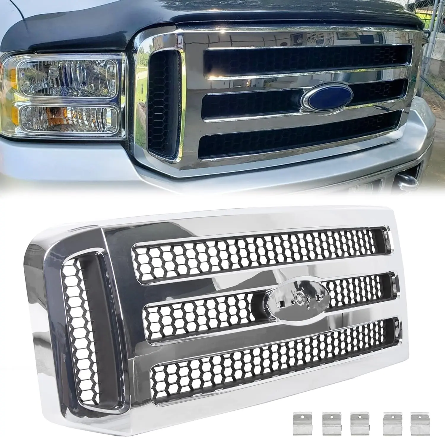 HECASA Upper Bumper Hood Front Grille, Compatible with 2005-2007 Ford F250 F350 F450 F550 SuperDuty, ABS Plastic, Gray Honey Comb Chrome, FO1200456 5C3Z8200BAA, Easy Installation, Higher Durability, Cools Engine Through Airflow, 1Pcs