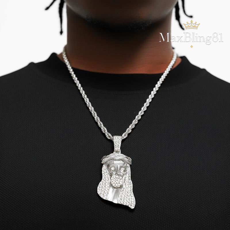 Religious Jesus Iced Pendant & 4mm 18" 20" 24" Rope Chain Hip Hop Style Necklace Jewelry Unisex Men Women
