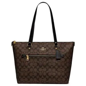 COACH Gallery 32 Monogram Canvas and Leather Tote Bag for Women, Large Size, Brown