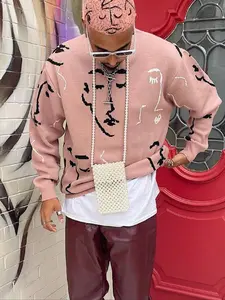 Men's Cartoon Face Pattern Drop Shoulder Crewneck Sweater, Casual Long Sleeve Jumper for Spring & Fall, Fashion Men's Top for Daily Wear