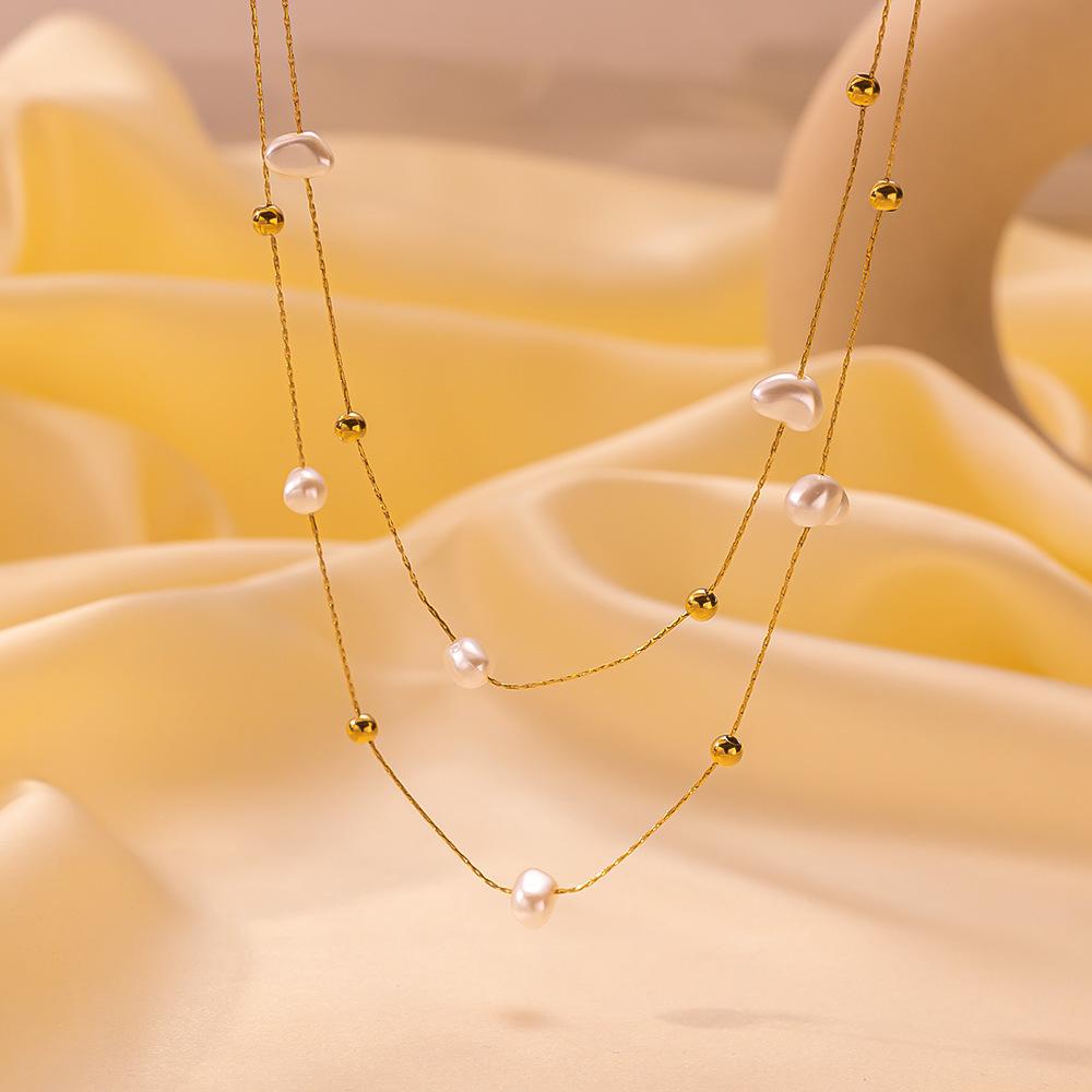 Niche Design Double-Layer Pearl Clavicle Vintage French-Style Artificial Pearl Titanium Steel Necklace