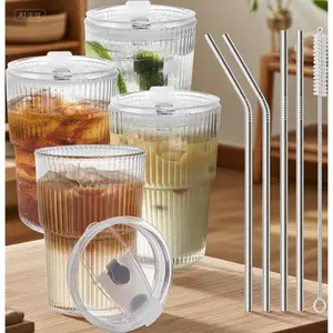 16oz Reusable Plastic Cups with Lids and Straws, Clear Unbreakable Drinking Glasses for Iced Coffee, Dishwasher Safe Tumbler Set, 4-Piece To-Go Cups, Shatterproof BPA-Free Travel Tumblers