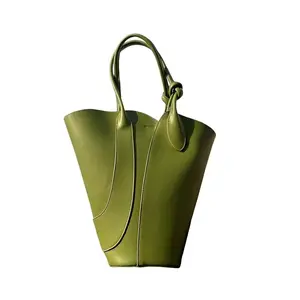 Quiet Luxury Olive Green Tote Bag - Sculptural Minimalist Leather Bucket Purse with Knot Detail