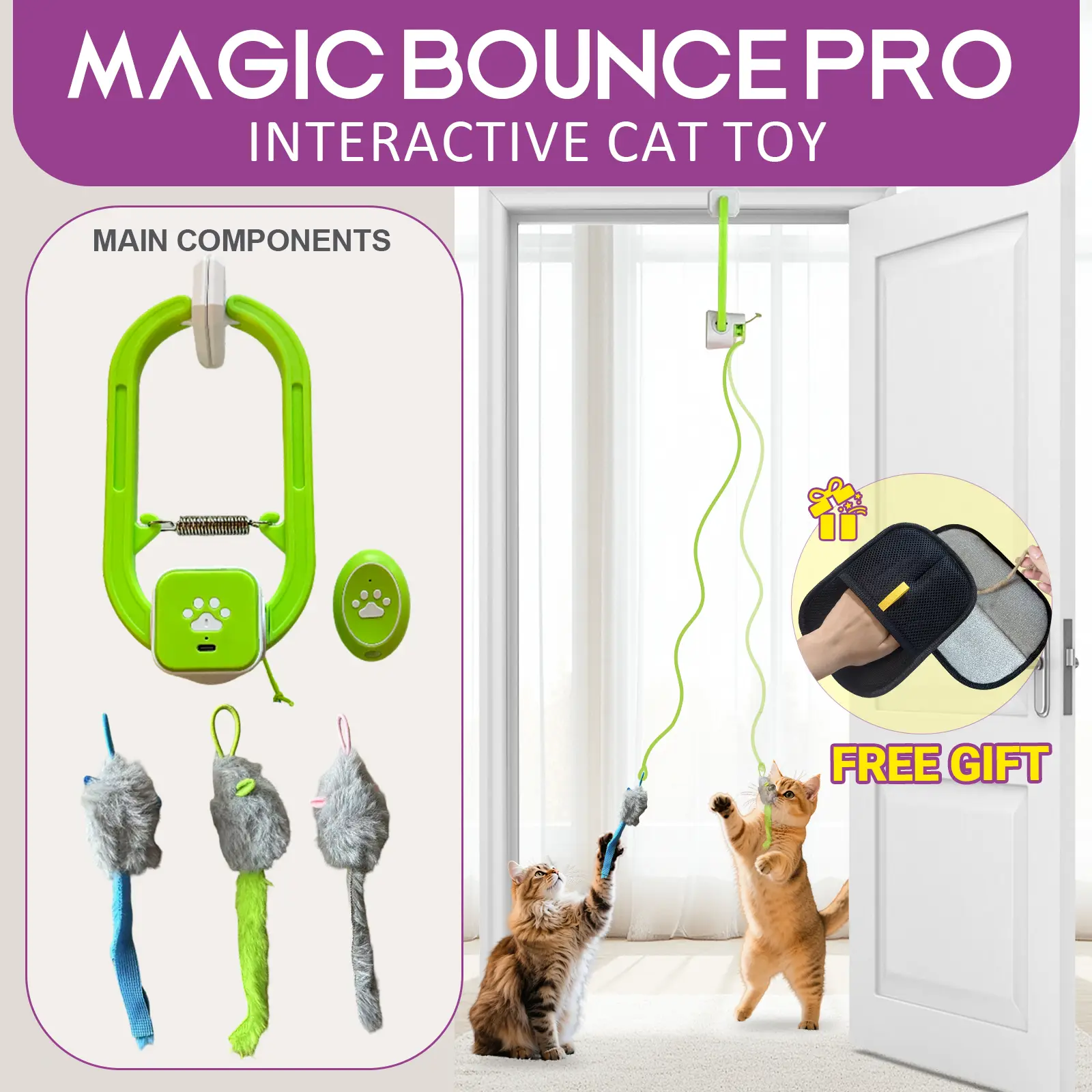 Electric Cat Teaser, Rechargeable Interactive Cat Toy, Upgraded Dual Mode, Irregular Rocking & 360° Spinning with Remote, Door Clip Design, Stimulates