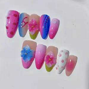 Handcrafted Press-On Nails Bold Color Block Designs Tropical Seashell Luxe Finish Short Coffin Reusable Nail Art Kit Opi Gel Acrylic Diamond Tip D351