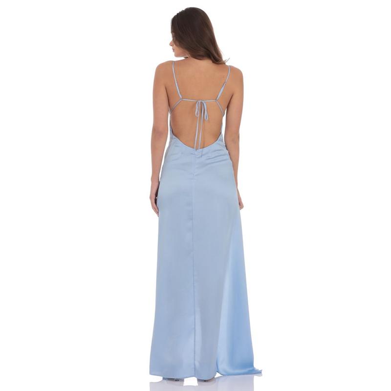 Satin Ruffle Slit Maxi Dress in Light Blue