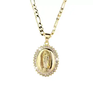 Meraki Oval Virgin Mary Pendant Inlaid with Cubic Zirconia, Elegant and Temperament Religious Jewelry for Daily Wear