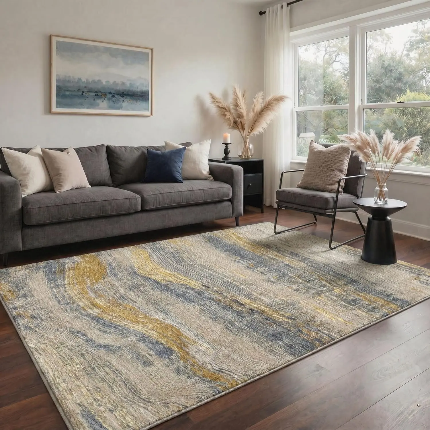 【Deals For You Days】GENIMO Area Rug, Abstract Waves Washable Rug with Non Slip Backing Low Pile, Lightweight Chenille Print Pattern Carpet for Living Room Bedroom Dining Room, Golden Beige