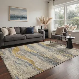 【Summervibes】GENIMO Area Rug, Abstract Waves Washable Rug with Non Slip Backing Low Pile, Lightweight Chenille Print Pattern Carpet for Living Room Bedroom Dining Room, Golden Beige