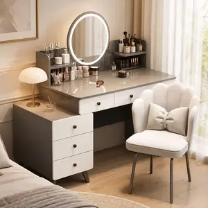 Vanity Desk with Mirror & LED Light, Makeup Vanity Table with 6 Drawers, Power Outlet, and Vanity Stool, 3 Lighting Colors, Dressing Table for Bedroom