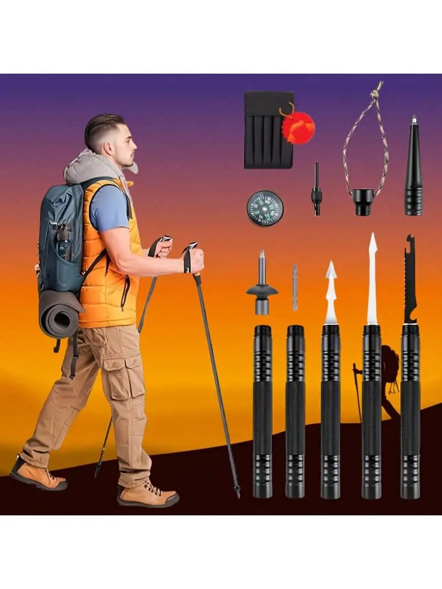 Multi-Functional Hiking Stick Tactical Hiking Pole - Tool Equipment Hiking Pole, Adjustable Tactical Hiking Walking Stick, With Built-In Canvas Storage Bag And Compass, Easy To Carry, Suitable For Outdoor Hiking And Trekking.