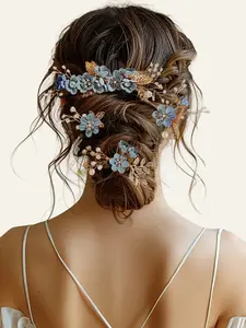 Azazie Blue Floral Hair Comb Set Romantic Botanical Bridal Updo Wedding Headpiece Accessory