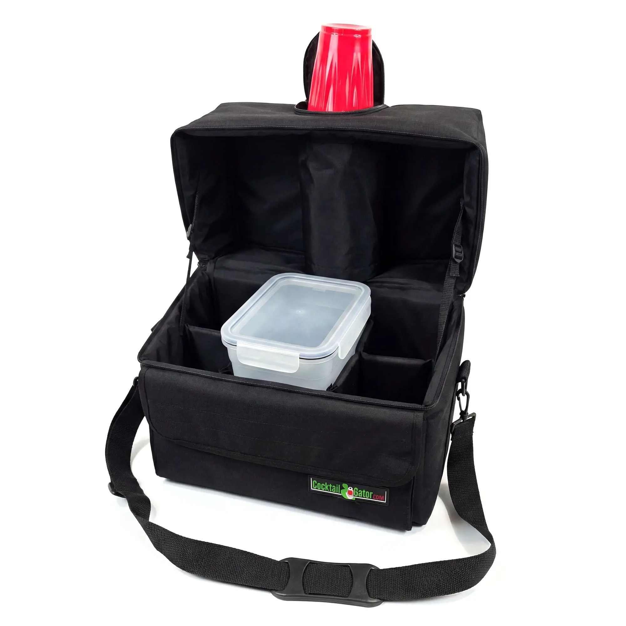 Portable Cooler Cocktail Bar - Walk About Gator, Compact Design, Zipper Pocket, Cup Dispenser, Insulated Bins, Black Functional Cooler Bag, Party Ready, Polyethylene