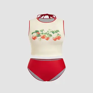 Cider Halter Knotted Full Coverage Bikini Set With Cover Up Strawberry Top Curve & Plus