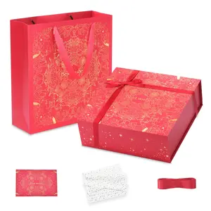 Amalee 12x12x4 Inch Large Gift Box, Red Magnetic Closure Present Box, Glue-Free Setup, Complete with Ribbon, Greeting Card & Filler Paper for Wedding, Birthday, Christmas Gift Packaging