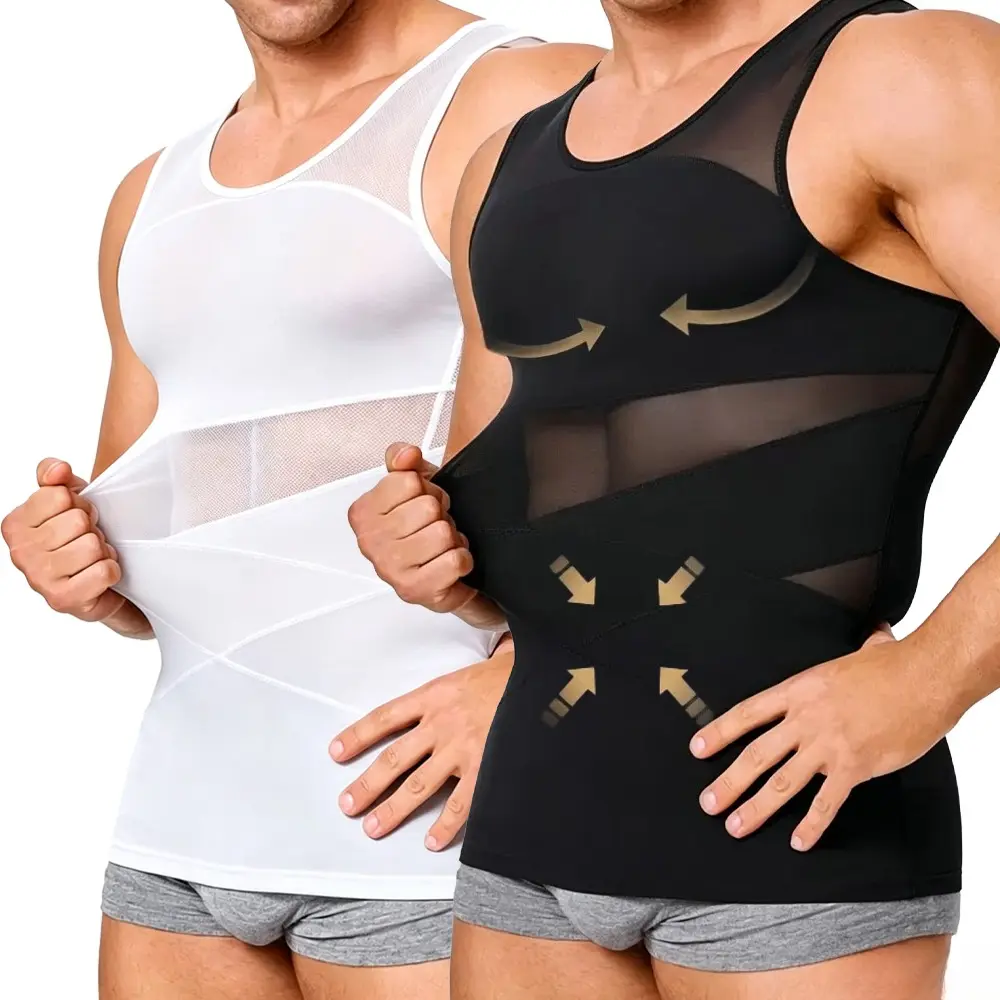 Mesh Compression Shirt 4 Way Stretch Men's Compression Shirts Body Shaper Chest Abdomen & Posture Support Sleeveless Workout Tank Tops Undershirt Tummy Control Shapewear Vest