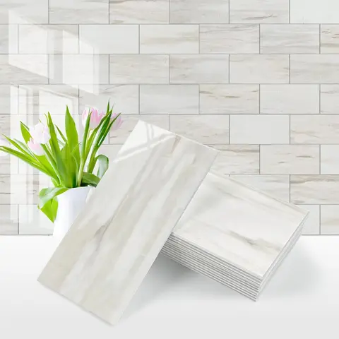 Vamos Tile 100Pcs Peel and Stick Backsplash, PVC Wall Tile, Stick on Backsplash for Kitchen/Bathroom/Fireplace/RV - Grey Marble Decor Decorative