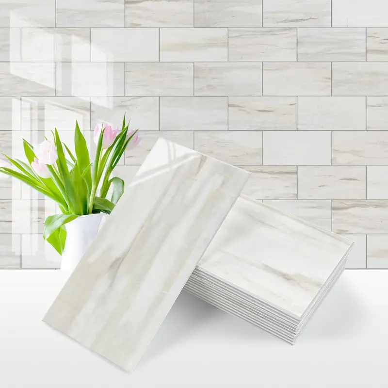 Vamos Tile 100Pcs Peel and Stick Backsplash, PVC Wall Tile, Stick on Backsplash for Kitchen/Bathroom/Fireplace/RV - Grey Marble Decor Decorative