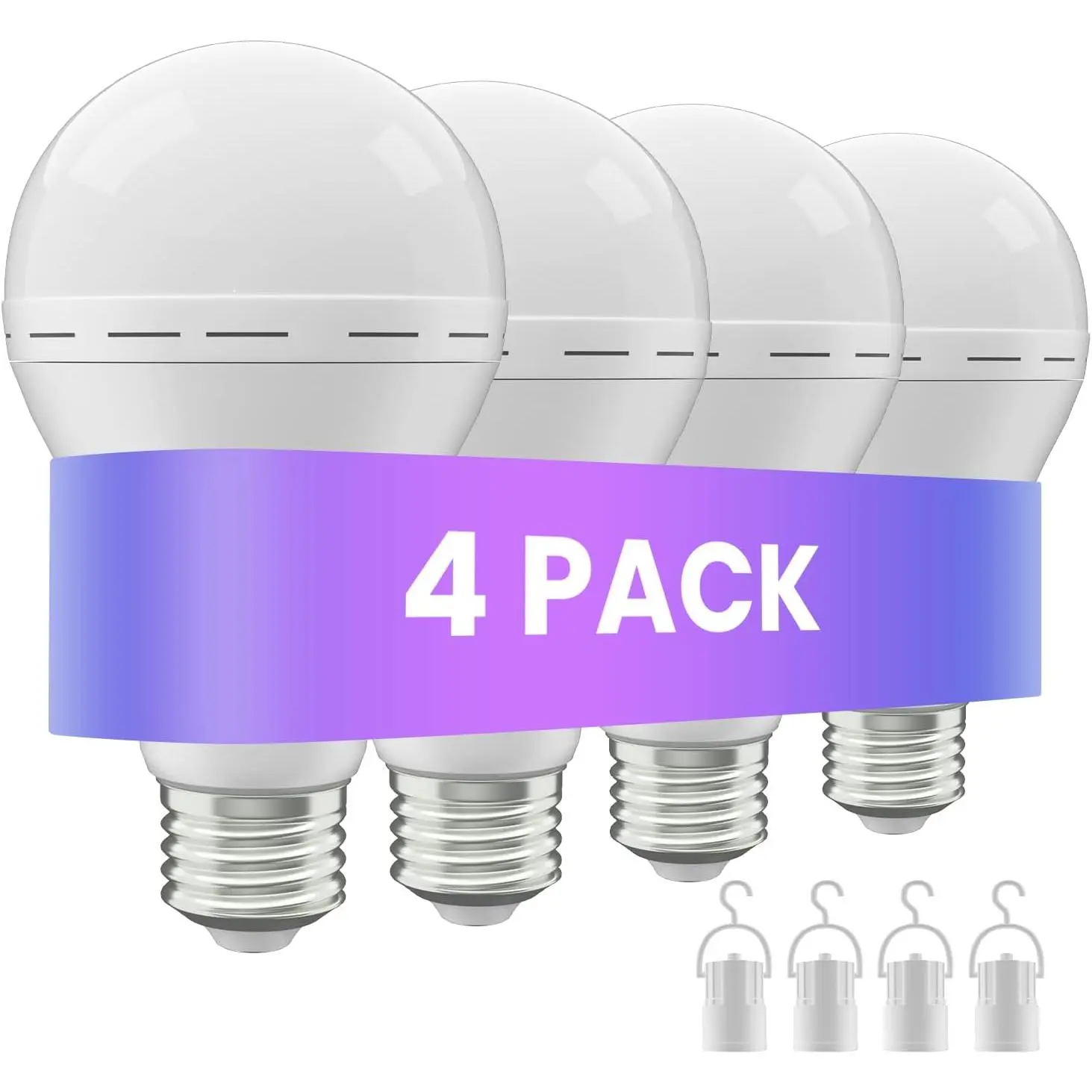 Rechargeable Led Light Bulb with Hook,Stay Lights Up When Power Failure, 1500mAh 12W 60W Equivalent LED Light Bulbs for Home, Camping, Hiking, 4 Pack