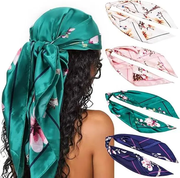 35” Large Square Satin Head Scarf - 4PCS Silk Accessories Classic Patterned Squares Beach Bandanas for Women