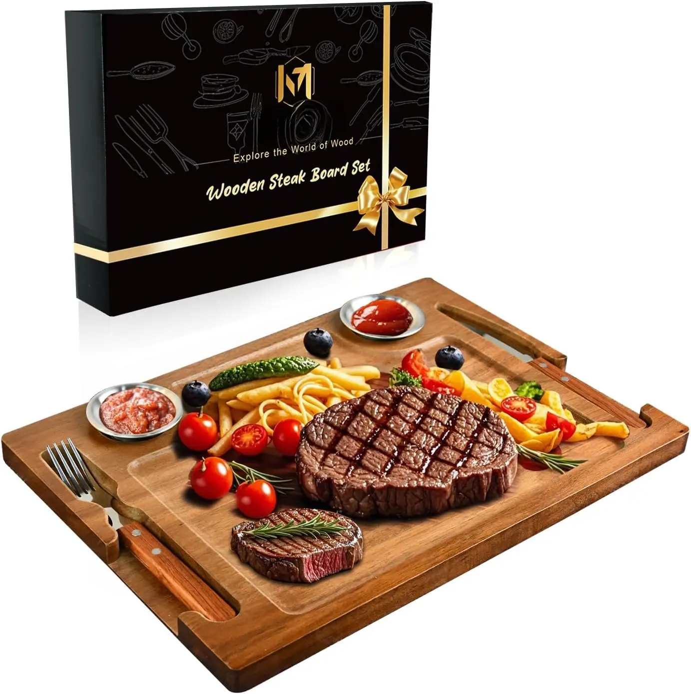 Acacia Wooden Steak Board - Steak Plate  Board with Fork,  and Ramekins  Serving Board for  15.7 Inches (1 set)