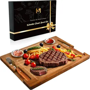 Acacia Wooden Steak Board - Steak Plate  Board with Fork,  and Ramekins  Serving Board for  15.7 Inches (1 set)