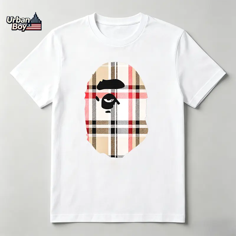 100% Cotton Plaid Ape Graphic T-Shirt, Retro Monkey Head Y2K Streetwear Tee, Unisex Crew Neck Short Sleeve Casual Shirt