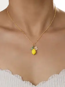 Fashion Fresh Sweet Lemon Flower Leaf Pendant Necklace, Simple Cute Women's Everyday Versatile Jewelry for Parties and Vacations, Dainty Necklace