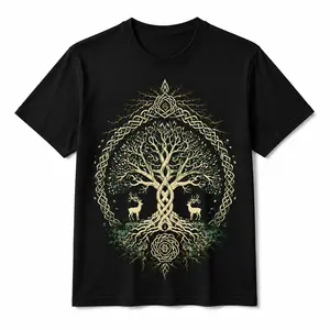 Celtic Knot Yggdrasil Tree of Life & Stags Black Graphic T-Shirt T Shirt For Adults Vintage Tees T Shirt For Men Trendy T-Shirts Oversized T Shirts Vintage T Shirts Funny T Shirt Deals Men Graphic Tees Funny Graphic