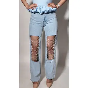 Rhinestone Ripped Jeans - Stylish Design with Unique Detailing and Versatile Fit