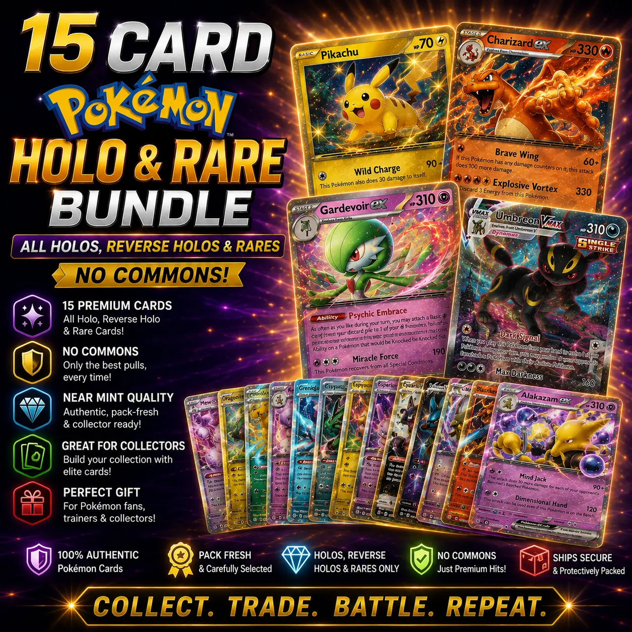 15 Card Pokemon Holo & Rare Bundle - All Holos, Reverse Holos & Rares, No Commons | Authentic Near Mint Collector Lot