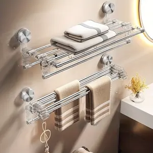 Wall-Mounted Suction Cup Towel Rack, Foldable Stainless Steel No-Drill Bathroom Organizer, Multifunctional Reusable Drying Rack for Towels Clothes & Shoes, Easy Installation Space-Saving Rustproof