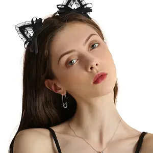 Cute Lace Cat Ears Hair Hoop Set, Hollow Rabbit Ears Headband for Women, Adorable Bell Design, Single Item Pack, No Ca Prop 65