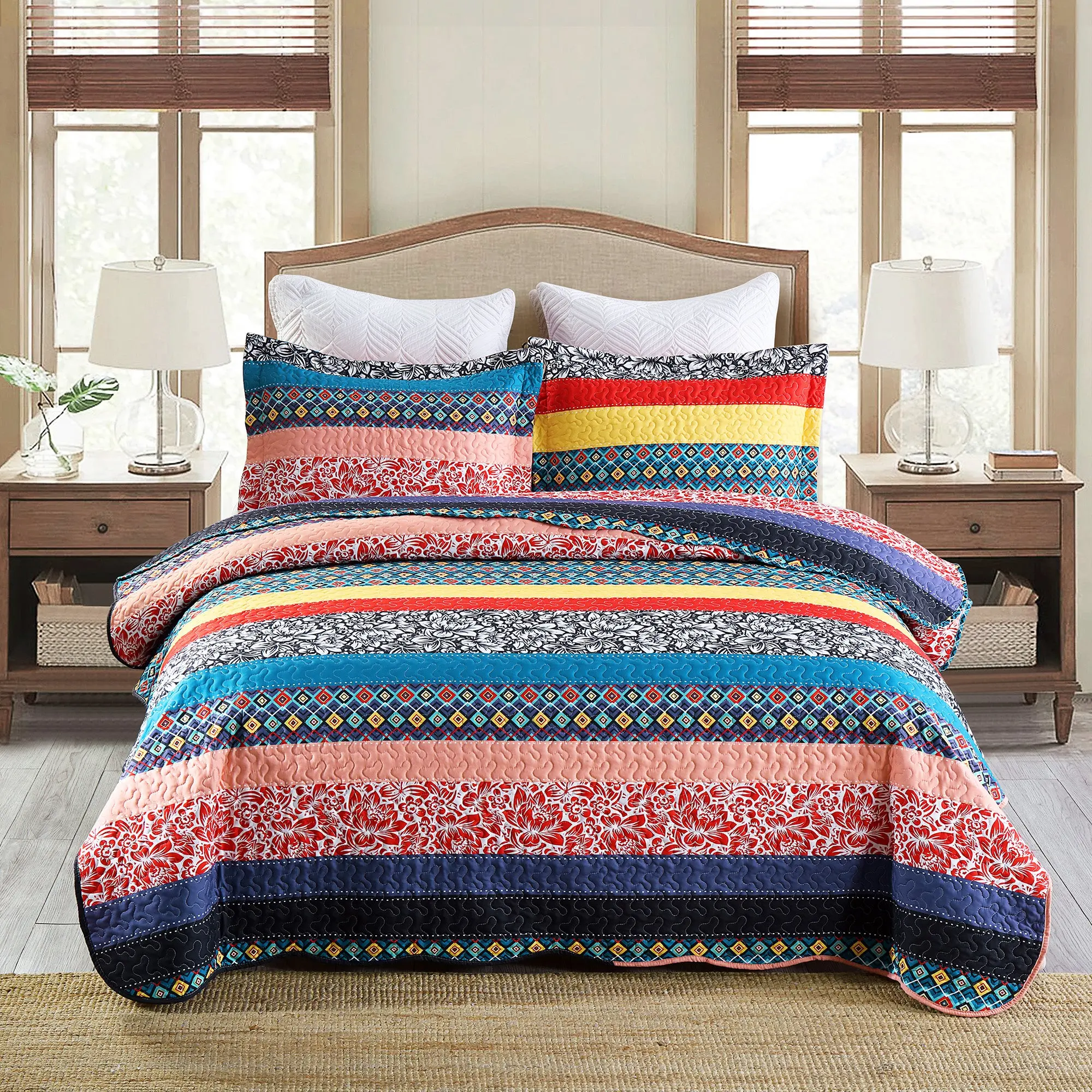 Bohemian Striped 3-Piece 100% Premium Polyester Quilt Bedspread Set - Soft, Breathable, Wrinkle Resistant, All Seasons Bedding - Available in Turquoise, Coral, Crimson, Navy Stripes