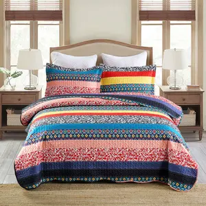 Soft Polyester 3 Pcs Bohemian Striped Multicolor Quilt Bedspread Set