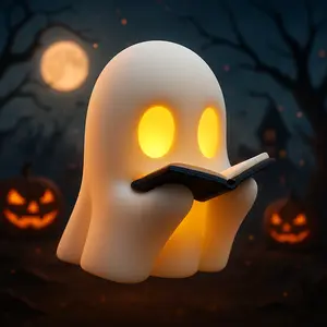 Spooky Reading Ghost T Light Candle & Bookshelf Decor - 3D Printed Halloween Figure - Adorable Fall Desk Display, Unique Gift, Trick or Treat Float Ornament