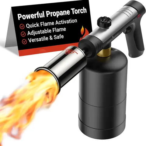 ThermoMaven 1-Touch Max Fire Durable Brass-ABS Culinary Propane Blow Torch Gun (1.56 lb, Single Unit, Tank Not Included) with Safety Lock, Adjustable Flame, 1800℃ Sear Power, 3272°F Sear Heat, Bakeware & Kitchen BBQ Grill Tool