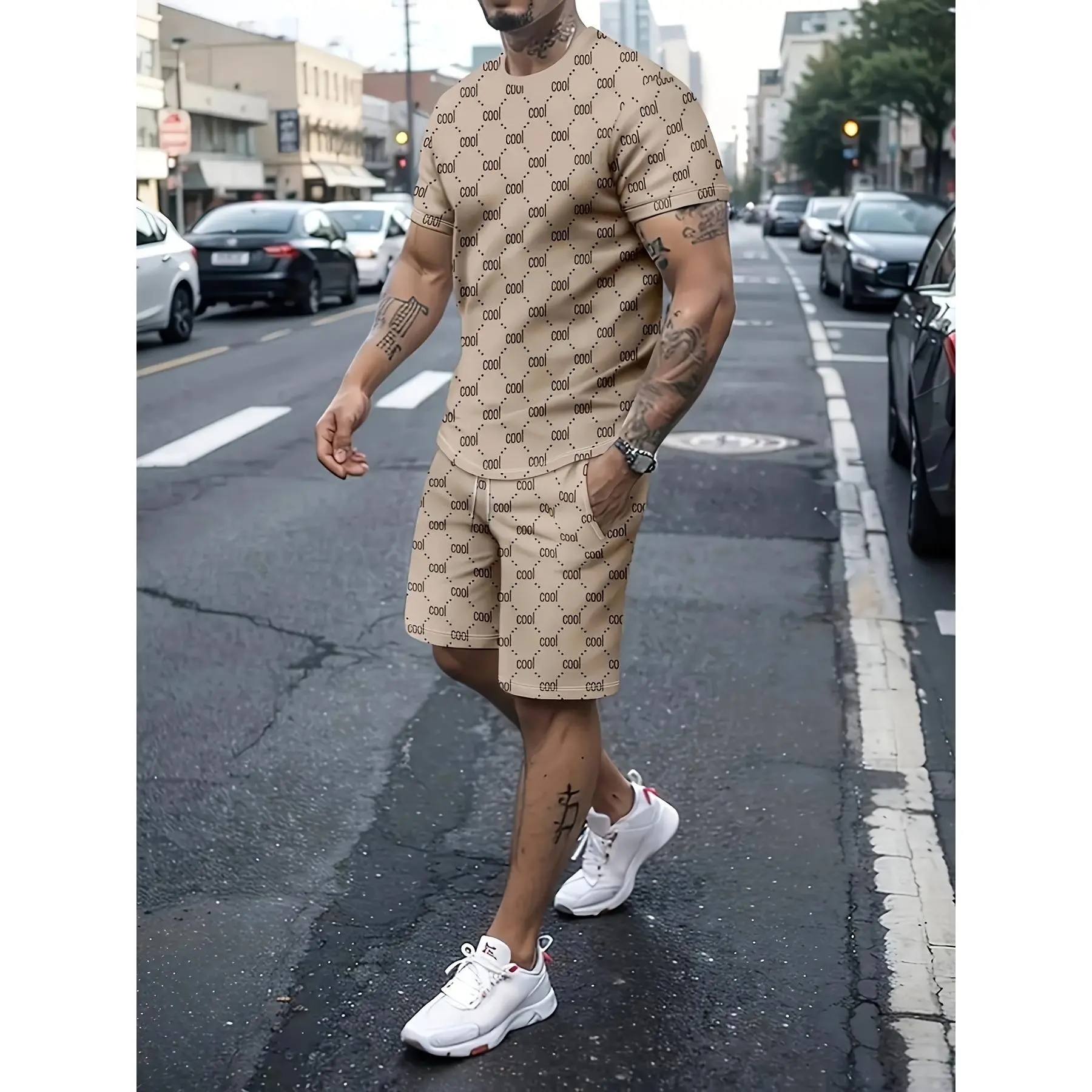 Men's 3D Letter Combination Casual Sports Suit - Menswear Activewear, Athletic Stretch Shortsleeve Outfit