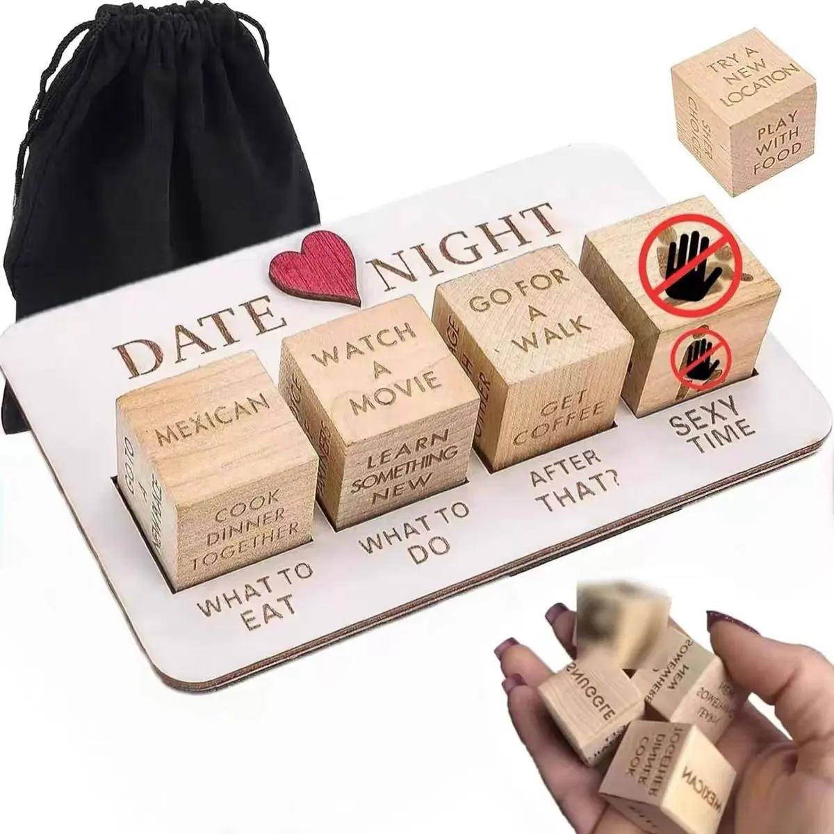 Romantic Christmas Night Wooden Dice Game Set for Couples - This portable and creative wooden dice game set is the perfect romantic gift for husbands, wives, girlfriends, or boyfriends. It comes with a storage bag (containing 5 dice). Fun Effortless