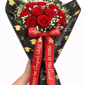 Graduation Flower Wrapping Paper Set 20 Sheets + 4 Yards Ribbon 22x22 Waterproof Bouquet Wrap