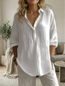 Women Linen Blouse with V-Neck, Loose Casual Shirt Tunic Top for Summer